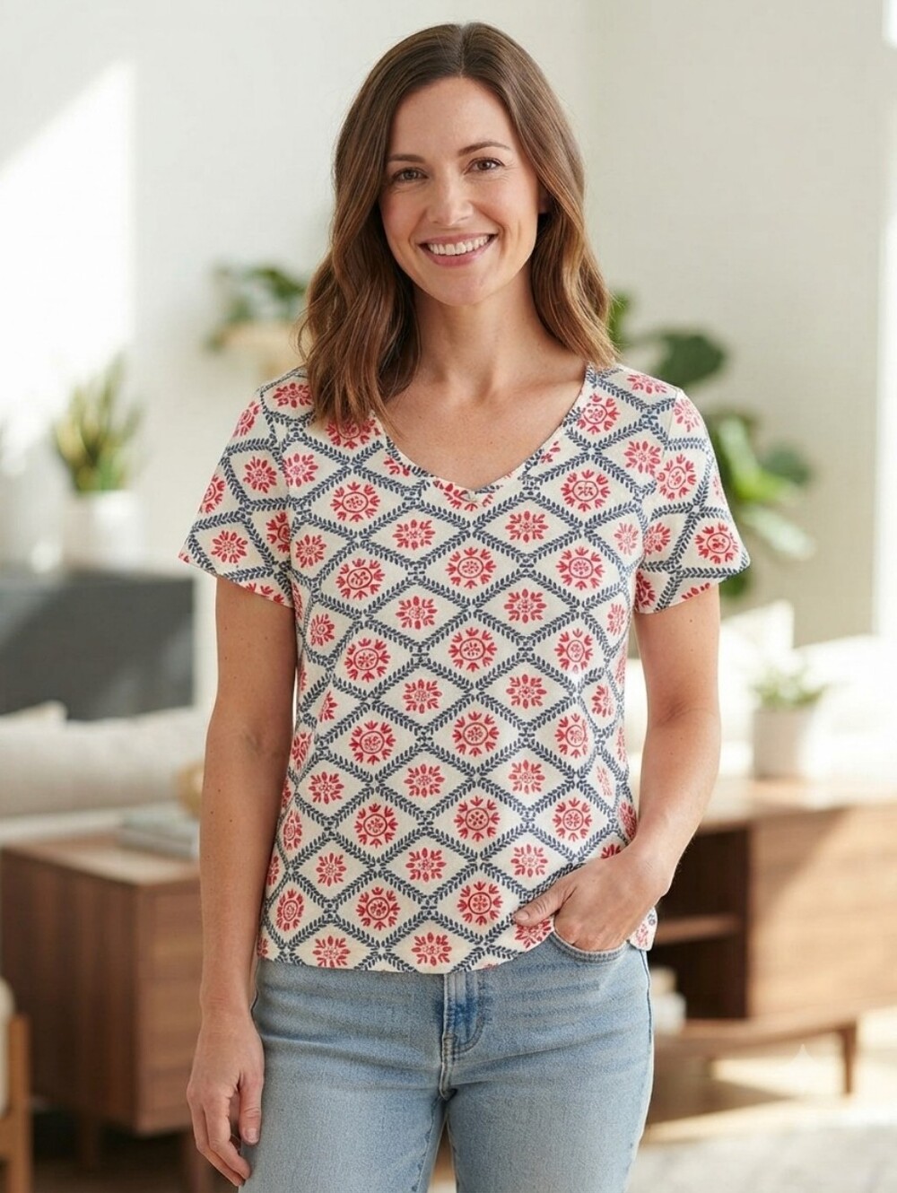 Liberty Lane White 1X V-Neck Short Sleeve Top with Red & Navy Medallion Print